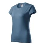 Tricou damă personalizat denim fotografiat din perspectivă laterală pentru evidențierea croielii feminine și a materialului din bumbac