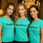 Grup de femei purtând tricouri damă personalizate verde smarald într-un interior elegant, exemplu de utilizare pentru echipe sau branding vizibil