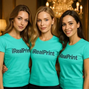 Grup de femei purtând tricouri damă personalizate verde smarald într-un interior elegant, exemplu de utilizare pentru echipe sau branding vizibil