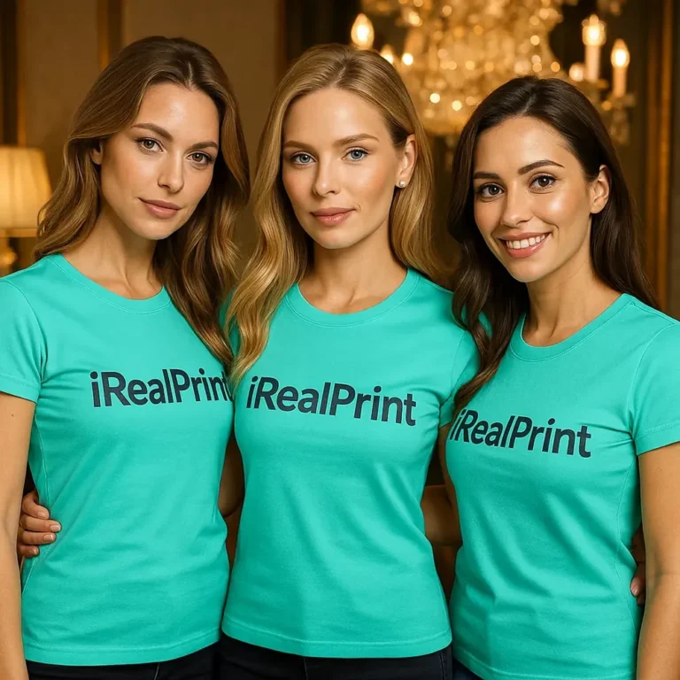 Grup de femei purtând tricouri damă personalizate verde smarald într-un interior elegant, exemplu de utilizare pentru echipe sau branding vizibil