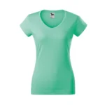 Tricou damă verde mentă cu anchior în V prezentat frontal pe fundal neutru, croială feminină modernă și suprafață ideală pentru personalizare