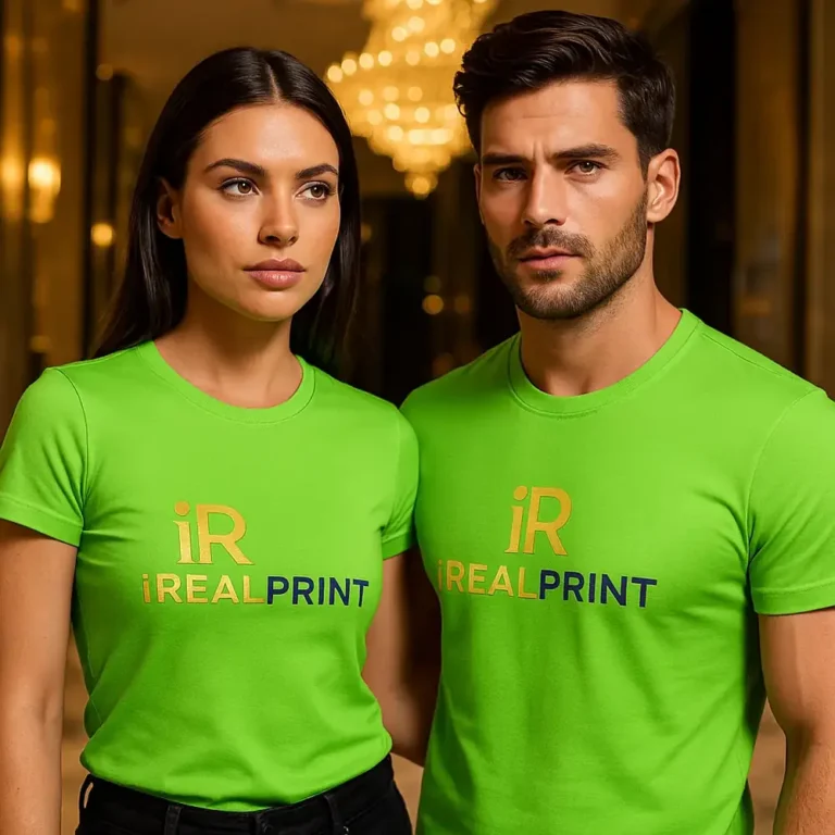 Bărbat și femeie purtând tricouri unisex personalizate verde măr cu logo iRealPrint, imagine lifestyle premium pentru branding modern