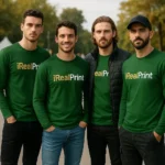 Grup de bărbați purtând bluze personalizate verde sticlă cu logo iRealPrint, imagine de echipă pentru branding vizual și identitate de brand