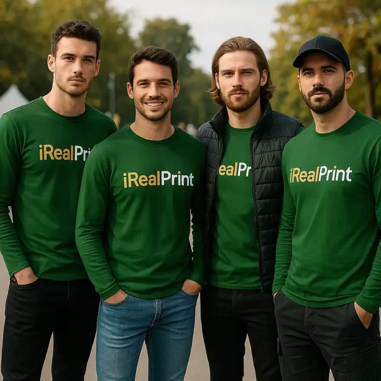 Grup de bărbați purtând bluze personalizate verde sticlă cu logo iRealPrint, imagine de echipă pentru branding vizual și identitate de brand