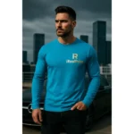Grup de bărbați purtând bluze personalizate turcoaz cu logo iRealPrint, imagine de echipă pentru identitate vizuală și branding modern