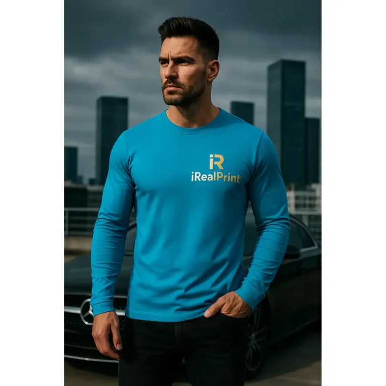 Grup de bărbați purtând bluze personalizate turcoaz cu logo iRealPrint, imagine de echipă pentru identitate vizuală și branding modern