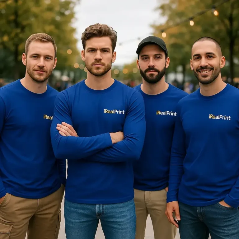 Grup de bărbați purtând bluze personalizate albastru regal cu logo iRealPrint pentru identitate vizuală puternică și branding modern
