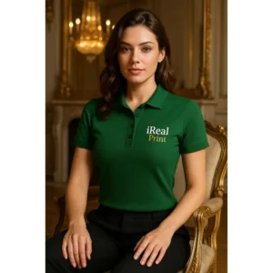 Model feminin purtând tricou polo damă personalizat verde sticlă într-un interior elegant, ilustrând stilul profesional și rafinat