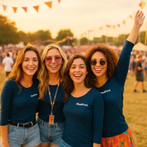 Grup de femei purtând bluze personalizate albastru navy iRealPrint la festival, stil casual modern și imagine de echipă cu identitate vizuală