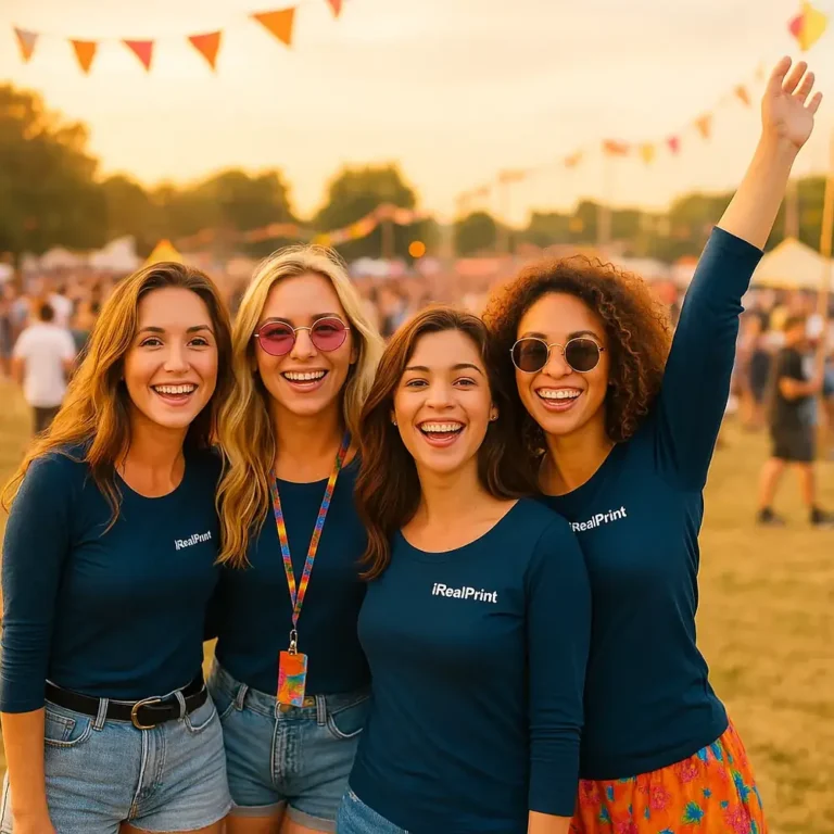 Grup de femei purtând bluze personalizate albastru navy iRealPrint la festival, stil casual modern și imagine de echipă cu identitate vizuală