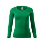 Detaliu bluză damă verde mediu cu logo iRealPrint aplicat prin transfer termic clar și durabil