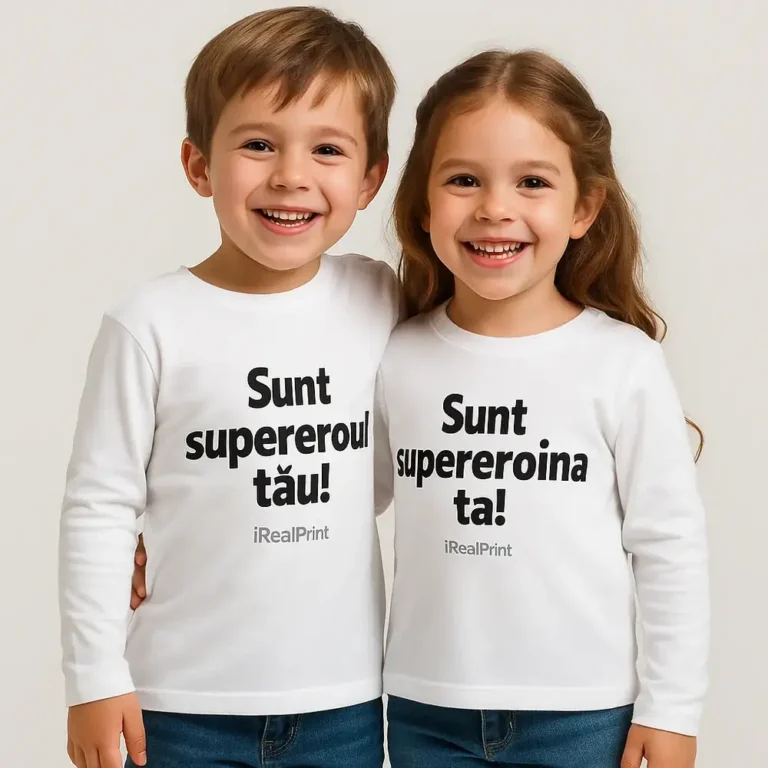 Detaliu bluză copii albă cu mesaj Sunt Supereroul Tău imprimat prin transfer termic profesional