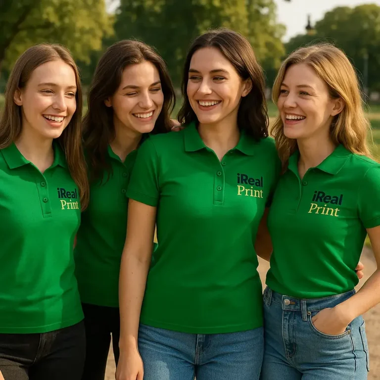 Grup de femei purtând tricouri polo damă personalizate verde mediu cu logo iRealPrint într-un context outdoor, exemplu de utilizare pentru echipe și branding