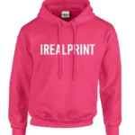 Hanorac personalizat bărbați roz heliconia prezentat din spate cu logo iRealPrint aplicat central, evidențiind zona mare de personalizare