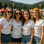 Tricou damă cu anchior în V personalizat alb prezentat frontal pe fundal neutru pentru evidențierea croielii feminine și a suprafeței de personalizare
