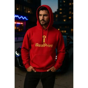 Model masculin purtând hanorac personalizat bărbați roșu iRealPrint într-un decor urban de noapte, evidențiind stilul modern și impactul vizual al culorii roșii