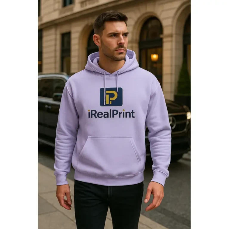 Model masculin purtând hanorac personalizat bărbați orhidee iRealPrint într-un cadru urban modern, evidențiind stilul casual și culoarea elegantă