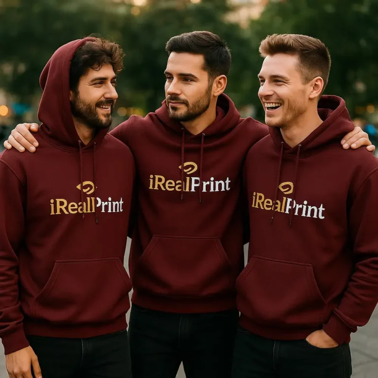 Grup de bărbați purtând hanorace personalizate maroon bordo cu logo iRealPrint, stil urban streetwear modern pentru echipe, branding vizibil și identitate de brand puternică