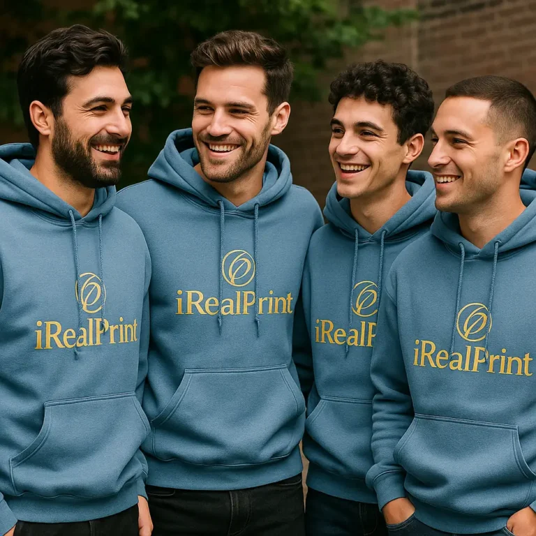 Grup de bărbați purtând hanorace indigo personalizate iRealPrint pentru branding vizual premium și identitate de echipă modernă