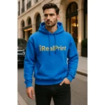 Hanorac bărbați personalizat albastru sapphire din bumbac premium cu glugă, buzunar frontal și design modern iRealPrint pentru stil urban elegant și confort zilnic