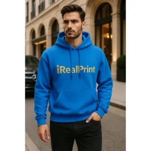 Hanorac bărbați personalizat albastru sapphire din bumbac premium cu glugă, buzunar frontal și design modern iRealPrint pentru stil urban elegant și confort zilnic