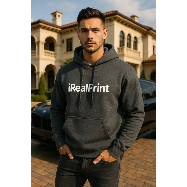 Hanorac bărbați personalizat dark heather din bumbac premium cu glugă reglabilă și buzunar frontal, purtat într-un outfit urban modern care evidențiază stilul masculin și personalizarea iRealPrint