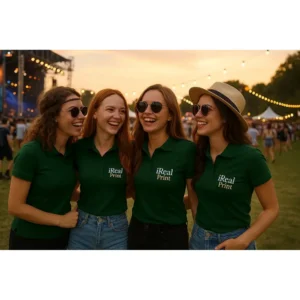 Grup de femei purtând tricouri polo damă personalizate verde dark cu logo iRealPrint la un eveniment outdoor, exemplu de utilizare pentru echipe și activări de marketing