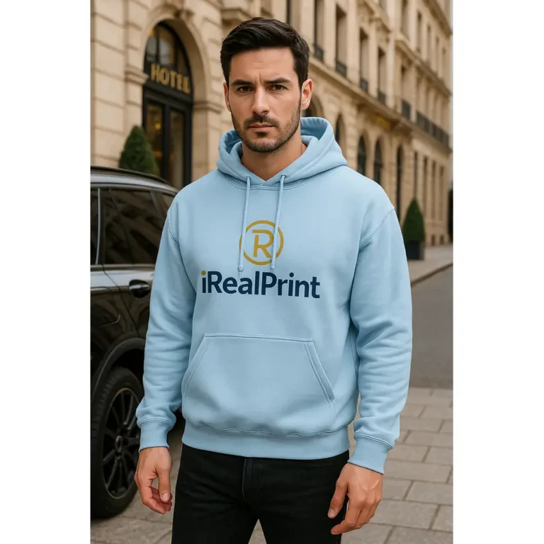Hanorac bărbați personalizat albastru light purtat într-un outfit urban modern, stil streetwear contemporan care evidențiază versatilitatea culorii și impactul vizual al personalizării iRealPrint