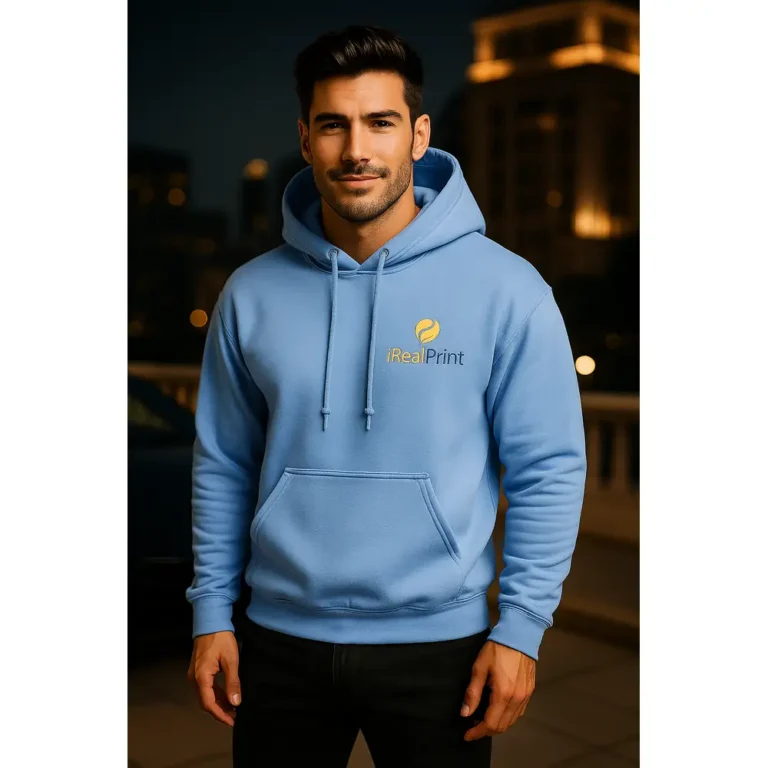 Detaliu hanorac bărbați albastru carolina personalizat cu logo iRealPrint aplicat prin transfer termic premium, evidențiind claritatea graficii și contrastul elegant dintre personalizare și materialul hanoraculuiica logo și materialul hanoracului