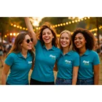 Grup de femei purtând tricouri polo damă personalizate turcoaz închis cu logo iRealPrint la un festival sau eveniment outdoor, exemplu de utilizare pentru echipe și activări de marketing