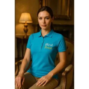 Model feminin purtând tricou polo damă personalizat turcoaz într-un interior elegant, ilustrând stilul profesional și utilizarea în context business