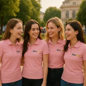 Grup de femei purtând tricouri polo damă personalizate roz cu logo iRealPrint într-un cadru urban, ilustrând utilizarea pentru echipe și branding vizibil