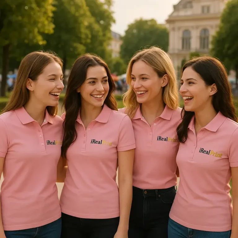 Grup de femei purtând tricouri polo damă personalizate roz cu logo iRealPrint într-un cadru urban, ilustrând utilizarea pentru echipe și branding vizibil