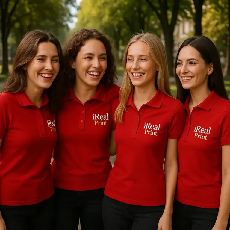 Grup de femei purtând tricouri polo damă personalizate roșii cu logo iRealPrint într-un cadru urban, ilustrând utilizarea pentru echipe și branding vizibil
