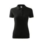 Tricou polo damă negru cu guler structurat și nasturi, design elegant potrivit pentru uniforme corporate și branding profesional