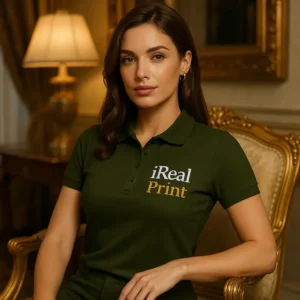 Femeie purtând tricou polo damă verde militar personalizat cu logo într-un decor elegant, imagine premium pentru branding
