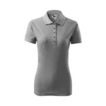 Tricou polo damă gri închis cu guler structurat și sistem de nasturi, stil business casual potrivit pentru uniforme corporate