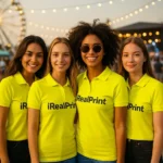Grup de femei purtând tricouri polo damă galben lămâie personalizate cu logo la eveniment, echipă promoțională vizibilă
