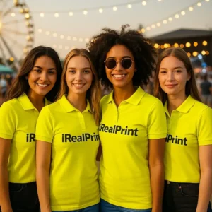 Grup de femei purtând tricouri polo damă galben lămâie personalizate cu logo la eveniment, echipă promoțională vizibilă