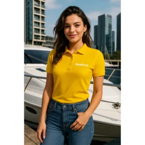 Femeie purtând tricou polo damă galben personalizat cu logo într-un decor urban modern lângă yacht, imagine elegantă business casual