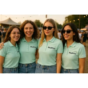 Femeie purtând tricou polo damă frost personalizat cu logo într-un decor urban modern lângă yacht, stil business casual elegant
