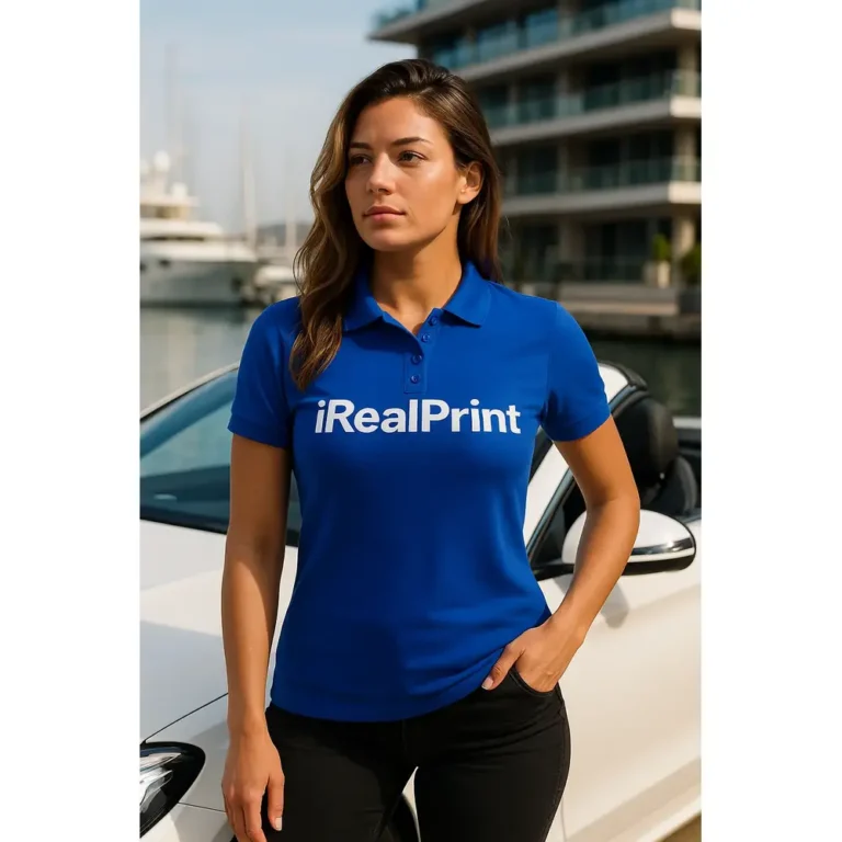 Model feminin purtând tricou polo damă personalizat albastru regal într-un cadru urban modern, evidențiind stilul business-casual și brandingul vizibil
