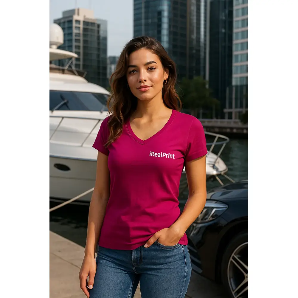 tricou-dama-rosu-fucsie-personalizat-stil-urban-lifestyle Femeie purtând tricou damă roșu fucsie personalizat cu anchior în V într-un decor urban modern, stil casual feminin