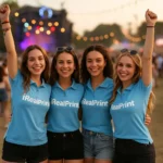 Grup de femei purtând tricouri polo damă personalizate albastru azur într-un cadru de festival, ilustrând utilizarea pentru echipe promoționale și activări de brand