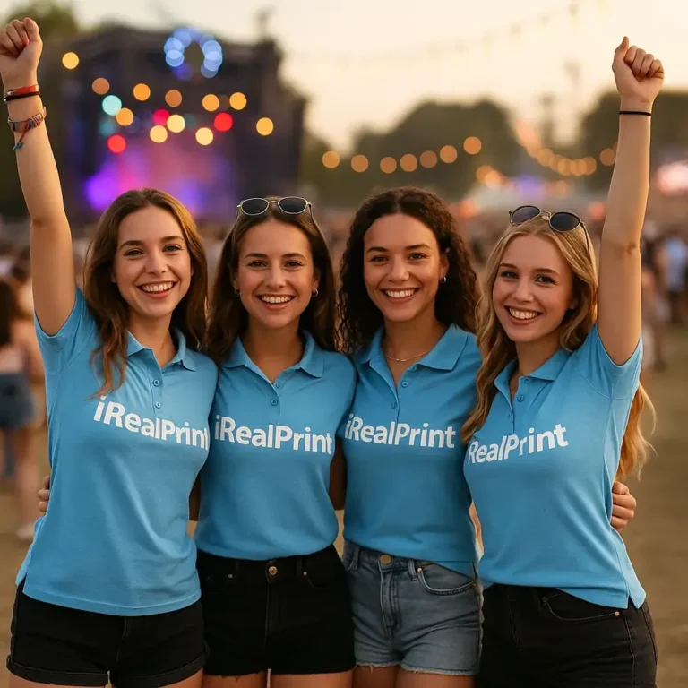 Grup de femei purtând tricouri polo damă personalizate albastru azur într-un cadru de festival, ilustrând utilizarea pentru echipe promoționale și activări de brand