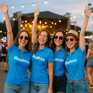 Grup de femei purtând tricouri polo damă personalizate albastre într-un context de festival sau eveniment, ilustrând utilizarea pentru echipe promoționale și marketing vizual