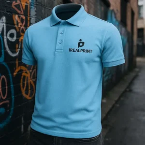 Model masculin purtând tricou polo bărbați personalizat albastru azur într-un cadru urban modern, ilustrând utilizarea pentru branding și identitate de echipă