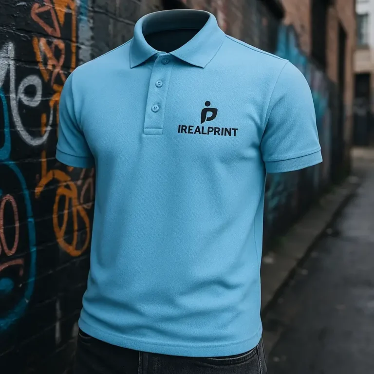 Model masculin purtând tricou polo bărbați personalizat albastru azur într-un cadru urban modern, ilustrând utilizarea pentru branding și identitate de echipă