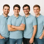 Grup de bărbați purtând tricouri polo bărbați personalizate albastru deschis pe fundal neutru, ilustrând utilizarea pentru uniforme corporate și identitate de echipă