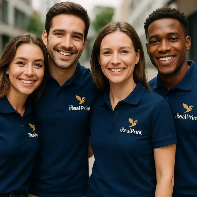 Echipă de persoane purtând tricouri polo personalizate albastru nocturn, ilustrând utilizarea pentru uniforme corporate și identitate vizuală de brand